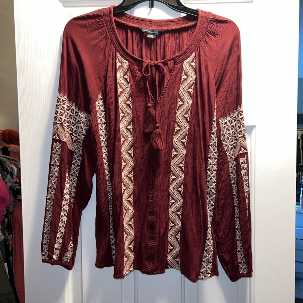 American Eagle Boho Burgundy Blouse with Embroidered Details